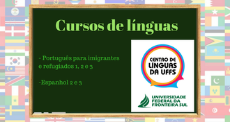 Imagem com fundo com bandeiras, um quadro negro com o texto "Cursos de línguas - Português para imigrantes e refugiados 1, 2 e 3; Espanhol 2 e 3", a marca do CELUFFS  e da UFFS