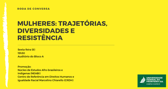 Imagem amarela traz um filete branco à esquerda, com informações sobre o evento ao centro e, à direita, a marca da UFFS - Campus Chapecó