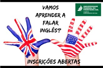 Na imagem, duas mãos pintadas, uma com a bandeira do Reino Unido e a outra com a bandeira dos EUA, com os dizeres: "Vamos aprender a falar inglês? Inscrições abertas".