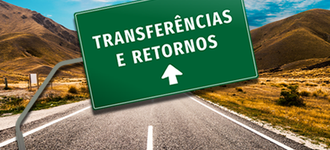 Ilustração de uma placa de sinalização rodoviária, na cor verde, com a escrita "transferências e retornos"