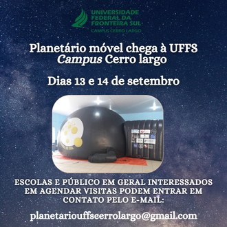 Card com o convite para visitação ao planetário e imagem do planetário inflável (ao centro)