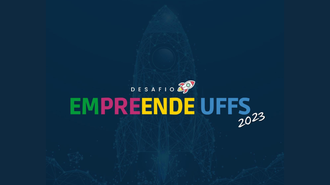 Imagem azul, com a representação de um foguete decolando e o texto, colorido, "Desafio Empreende UFFS 2023"