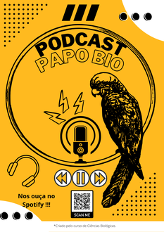 Ilustração com fundo amarelo informa: Podcast PapoBio; Ouça no Spotify; criado pelo curso de Ciências Biológicas.
