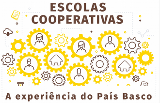 Na imagem diversas engrenagens e no centro de algumas encontram-se imagens de pessoas e escolas. A imagem contém ainda o texto: Escolas Cooperativas - a experiência do País Basco.
