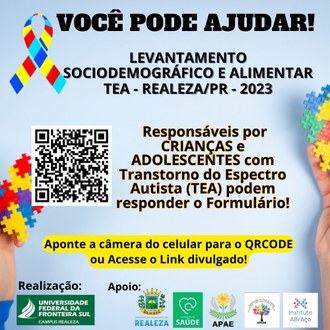 Cartaz de divulgação para pesquisa sobre perfil de crianças e adolescentes com Transtorno do Espectro Autista - Campus Realeza