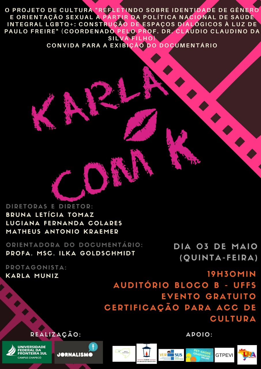Imagem com escrita "5ª Roda de Conversa: Exibição do documentário "Karla com K"